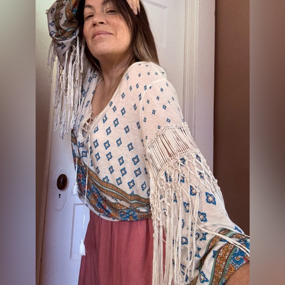 Hippie Tasseled Fringe Soft Jersey Comfortable Festival Peasant Blouse - Picture 4 of 17